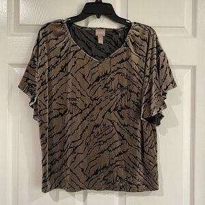 Chicos Velvet Burnout Tiger Print Flutter Sleeve V-Neck Blouse Sz 1 M Whimsigoth